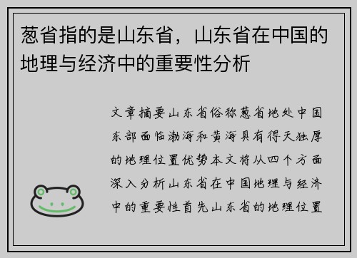 葱省指的是山东省，山东省在中国的地理与经济中的重要性分析
